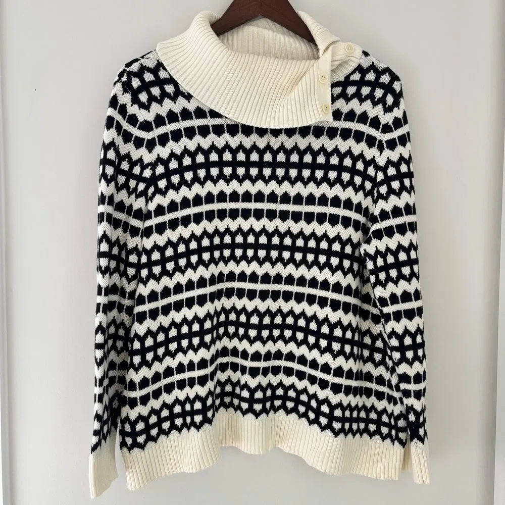 Talbots Petites Black White Geometric Knit Funnel Neck Button Sweater XLP